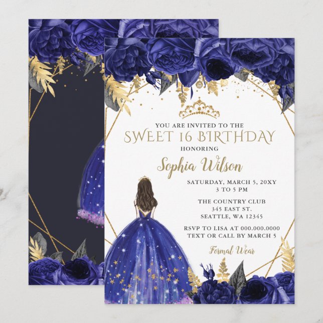 Convites Royal Blue Dourado Floral Princess Sweet 16 (Frente/Verso)
