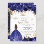 Convites Royal Blue Dourado Floral Princess Sweet 16<br><div class="desc">Convidado 16 da Princesa Floral Dourada Real Elegante</div>