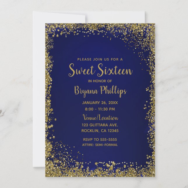 Convites Royal Blue & Dourado Glitter Glam Sweet 16 Party (Frente)