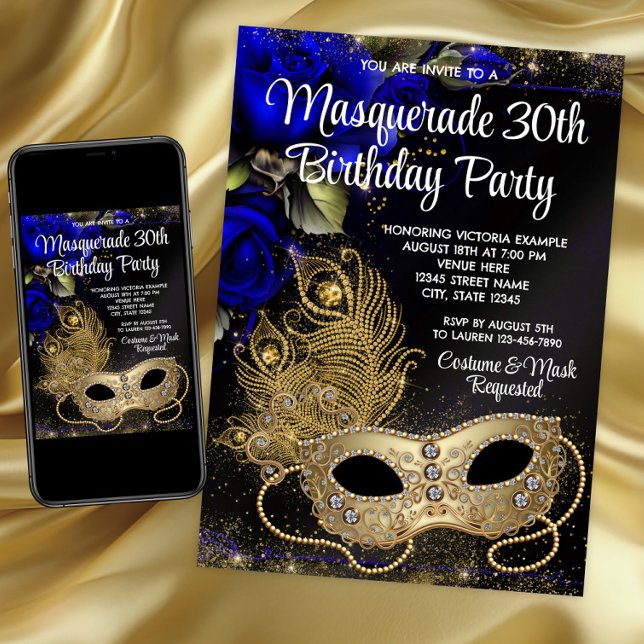 Convites Royal Blue Dourado Mascarada (Blue and Gold Masquerade Party Invitation for any birthday and event.)