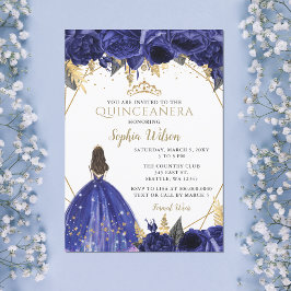 Convites Royal Blue Dourado Princesa Floral Quinceañera Inv