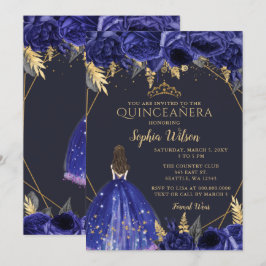 Convites Royal Blue Dourado Princesa Floral Quinceañera Inv