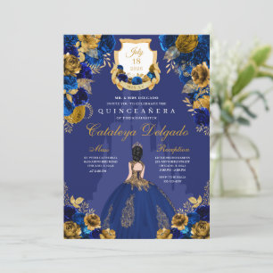 Convites Royal Blue & Dourado Princess Castle Quinceañera