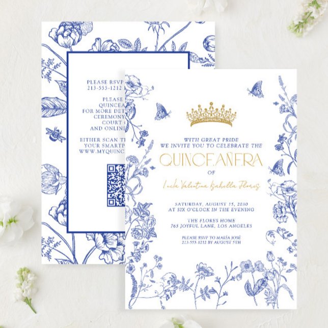 Convites Royal Blue Dourado QR Borboleta Floral Quinceañera (Criador carregado)