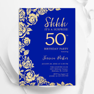 Convites Royal Blue Dourado Rosas Surpresa 50º aniversário