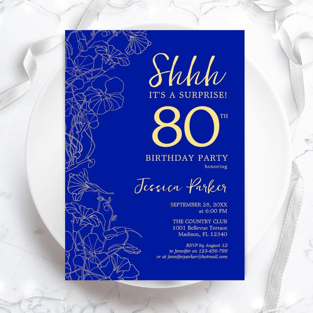 Convites Royal Blue Dourado Surprise 80 de Aniversário (Criador carregado)