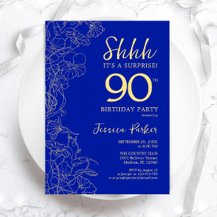 Convites Royal Blue Dourado Surprise 90 de Aniversário
