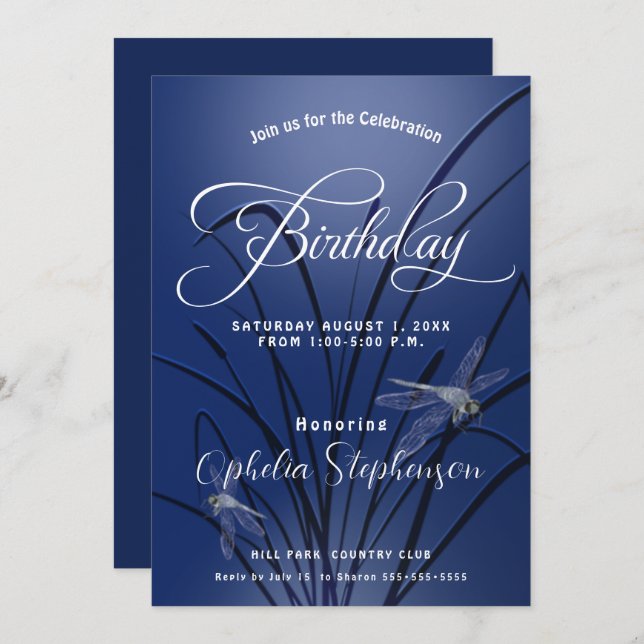 Convites Royal Blue Dragonfly Birthday (Frente/Verso)