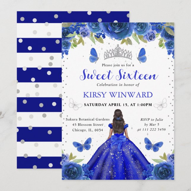 Convites Royal Blue Dress Dark Skin Princess Sweet 16 (Frente/Verso)