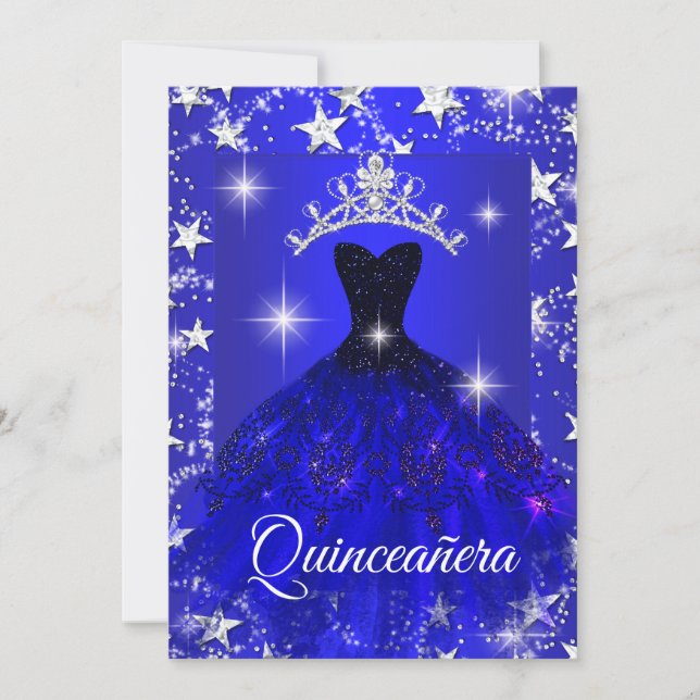 Convites Royal Blue Dress Sparkle Tiara Stars Quinceanera (Frente)