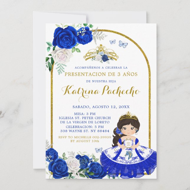 Convites Royal Blue e Dourada Apresentação ó em De Tres An (Frente)