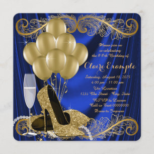Convites Royal Blue e Dourada Festa de aniversário Satin Gl