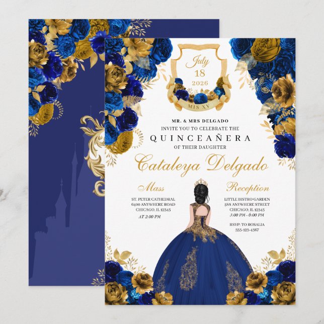 Convites Royal Blue e Dourada Quinceañera (Frente/Verso)