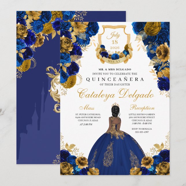 Convites Royal Blue e Dourada Quinceañera (Frente/Verso)