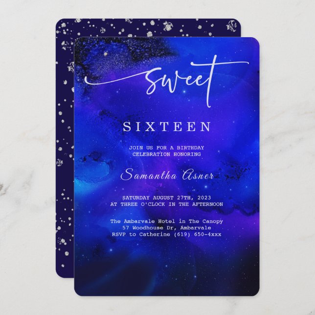 Convites Royal Blue e prata Sweet dezesseis (Frente/Verso)