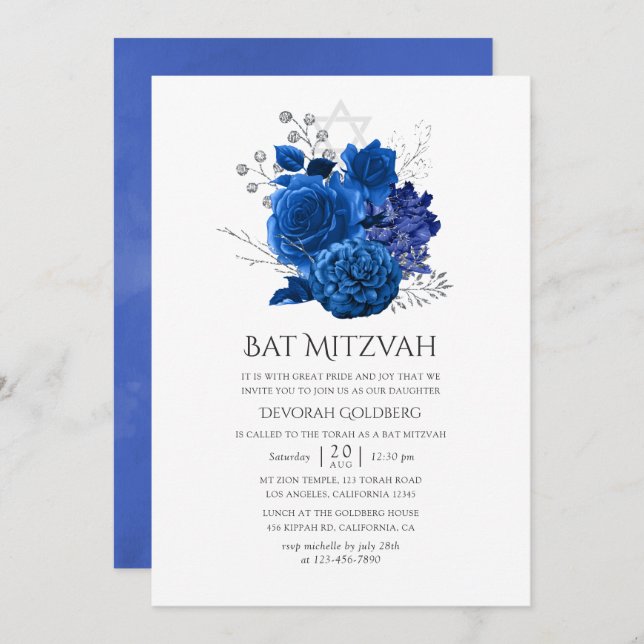 Convites Royal Blue e Silver Floral Bat Mitzvah (Frente/Verso)