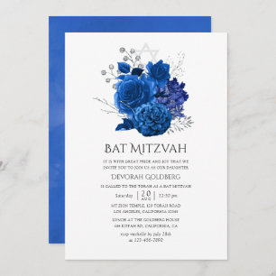 Convites Royal Blue e Silver Floral Bat Mitzvah