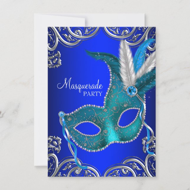 Convites Royal Blue e Teal Blue Mascarada Party (Frente)