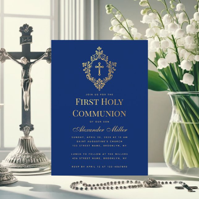 Convites Royal Blue First Commune Faux Dourado Cross Crest (Criador carregado)