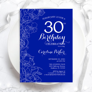 Convites Royal Blue Floral aniversário de 30 anos Party