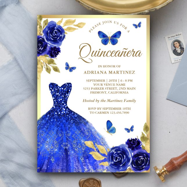 Convites Royal Blue Floral Borboleta Dourada Quinceanera (Criador carregado)