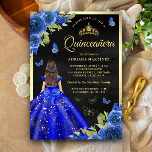 Convites Royal Blue Floral Butterfly Dourada Quinceanera