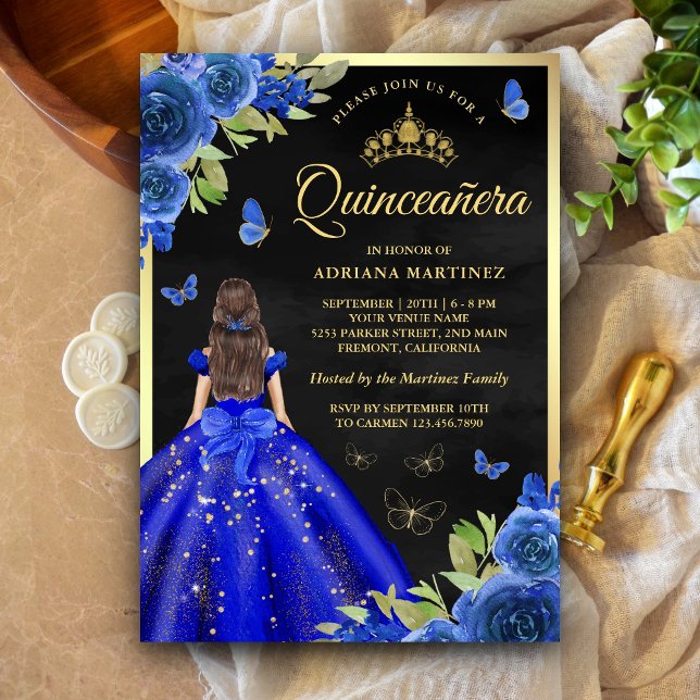 Convites Royal Blue Floral Butterfly Dourada Quinceanera (Criador carregado)