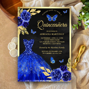 Convites Royal Blue Floral Butterfly Dourada Quinceanera