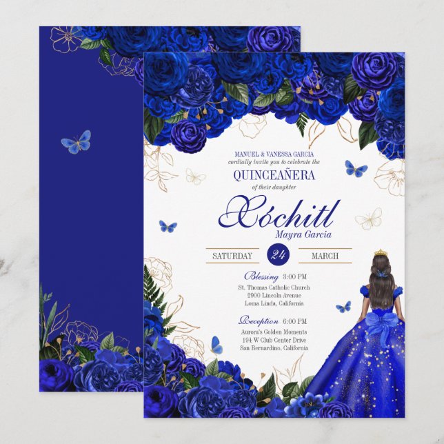 Convites Royal Blue Floral Butterfly Elegante Quinceañera (Frente/Verso)