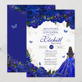 Convites Royal Blue Floral Butterfly Elegante Quinceañera