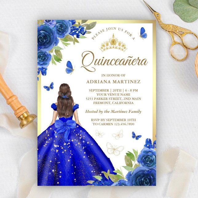 Convites Royal Blue Floral Butterfly Quinceanera (Criador carregado)