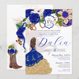 Convites Royal Blue Floral Crest Rosa Charro Quinceañera