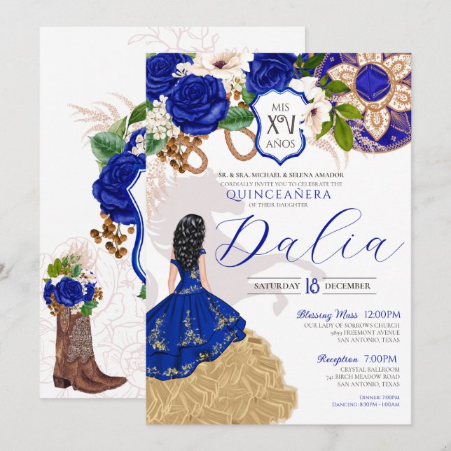 Convites Royal Blue Floral Crest Rosa Charro Quinceañera (Frente/Verso)