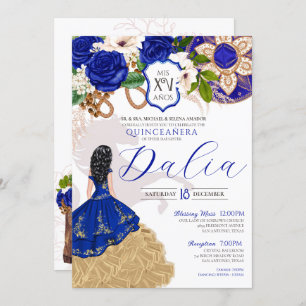 Convites Royal Blue Floral Crest Rosa Charro Quinceañera