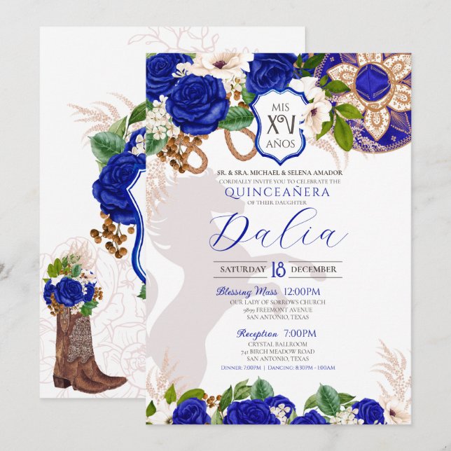 Convites Royal Blue Floral Crest Rosa Charro Quinceañera (Frente/Verso)