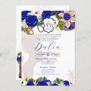 Convites Royal Blue Floral Crest Rosa Charro Quinceañera
