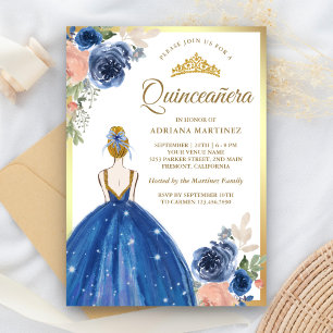 Convites Royal Blue Floral Dress Princesa Dourada Quinceane