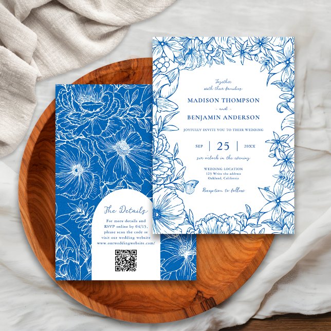 Convites Royal Blue Floral Garden Arch RSVP QR Code Wedding (Criador carregado)
