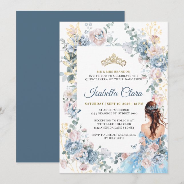 Convites Royal Blue Floral Garden Quinceanera (Frente/Verso)