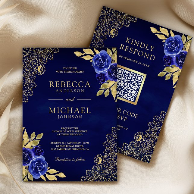 Convites Royal Blue Floral Gold Lace QR Code Wedding (Criador carregado)