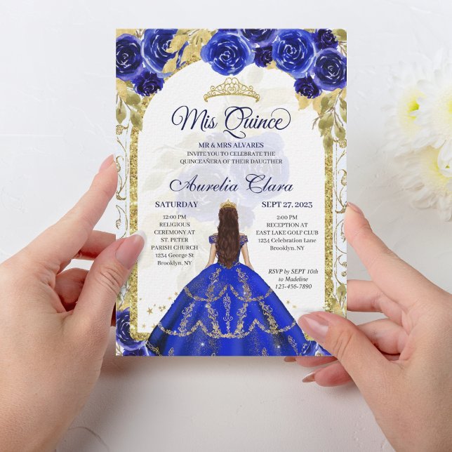 Convites Royal Blue Floral Princesa Dourada Quinceanera (Criador carregado)