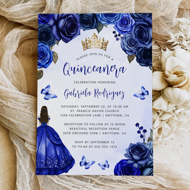 Convites Royal Blue Floral Princesa Watercolor Quinceañera (Criador carregado)