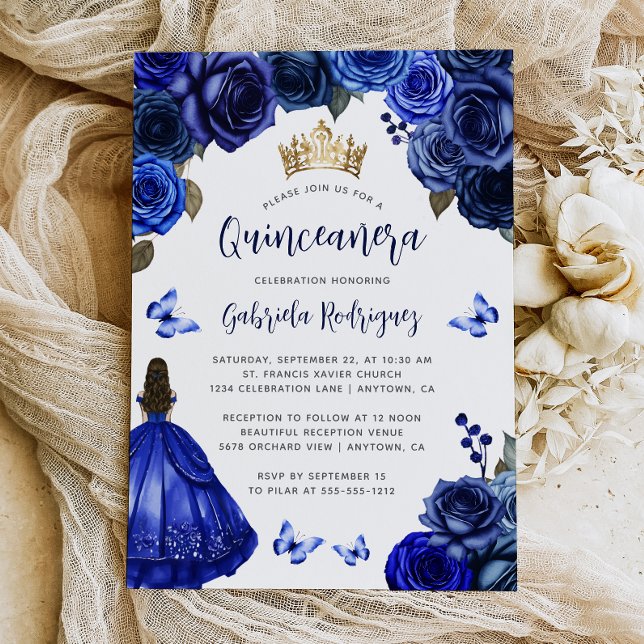 Convites Royal Blue Floral Quinceañera (Criador carregado)