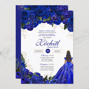 Convites Royal Blue Floral Rosas Elegante Quinceañera