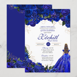 Convites Royal Blue Floral Rosas Elegante Quinceañera