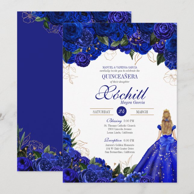 Convites Royal Blue Floral Rosas Elegante Quinceañera (Frente/Verso)
