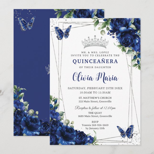 Convites Royal Blue Floral Silver Quinceañera Butterflies (Frente/Verso)