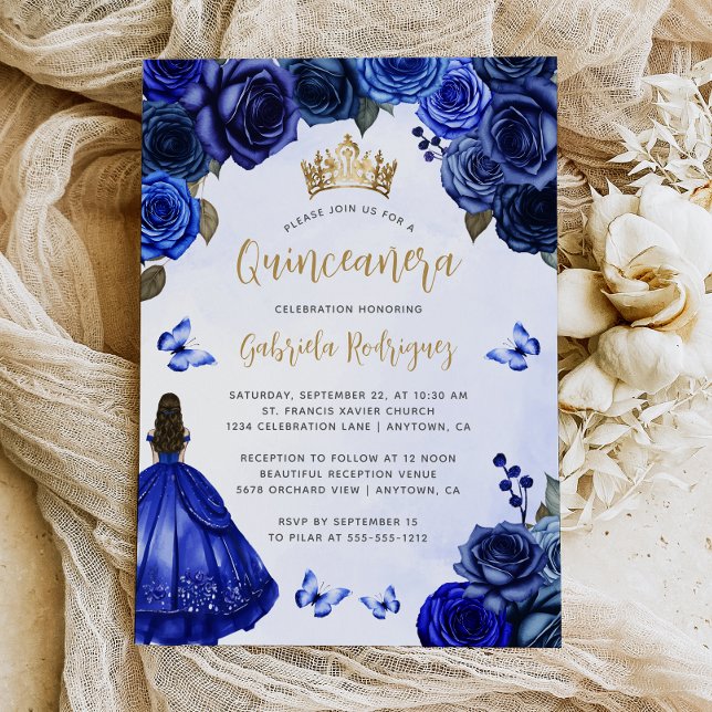 Convites Royal Blue Floral Watercolor Quinceañera (Criador carregado)