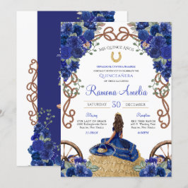 Convites Royal Blue Floral Western Charra Quinceañera
