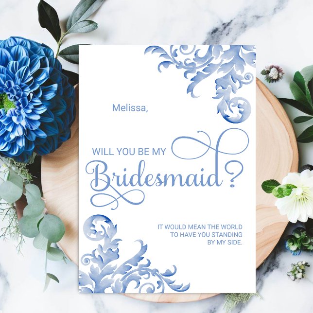 Convites Royal Blue Floured Você Será Minha Coluna De Ponta (Elegant watercolor swirls will you be my bridesmaid card.)